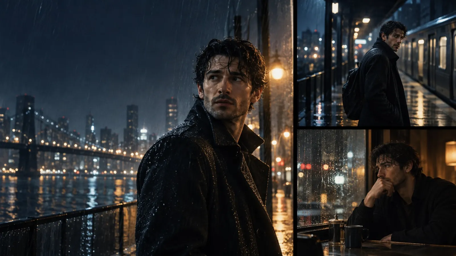 A fictional character shown consistently across rain-lit cinematic scenes