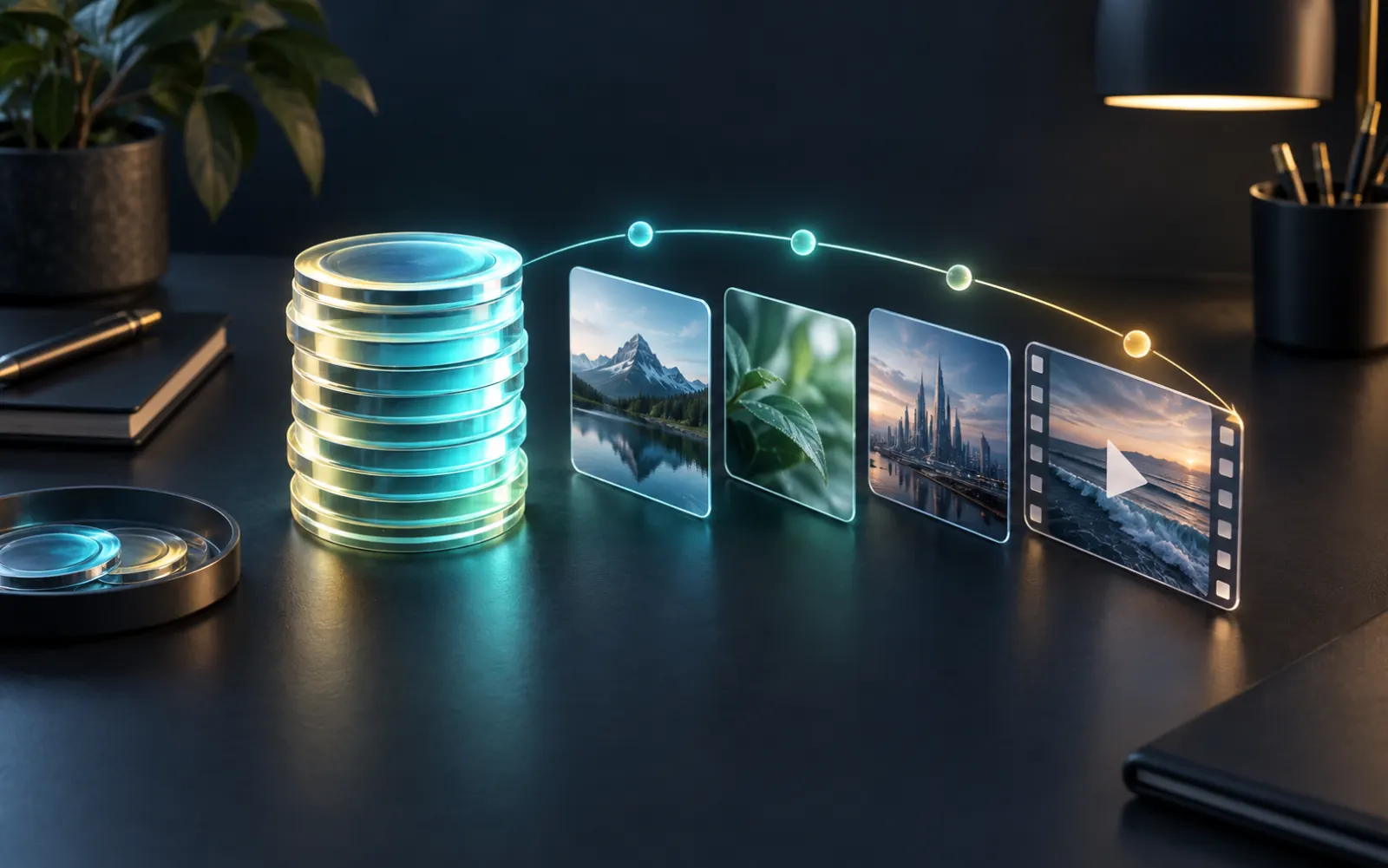 Glowing creative credit tokens beside image and video storyboard cards on a dark workspace