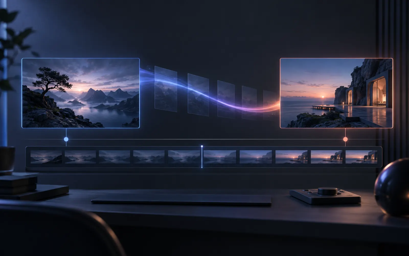 Two cinematic endpoint frames joined by a glowing motion path over a video timeline