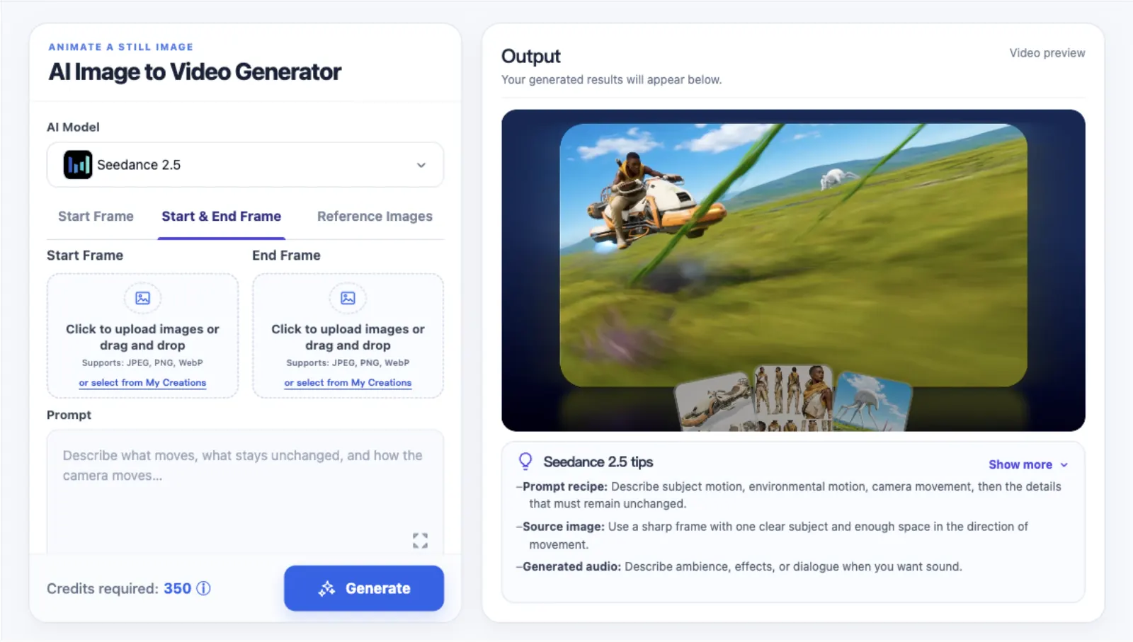 ImagineScenes Image to Video editor with Start and End Frame selected, empty upload slots, Seedance 2.5 selected, and an output preview