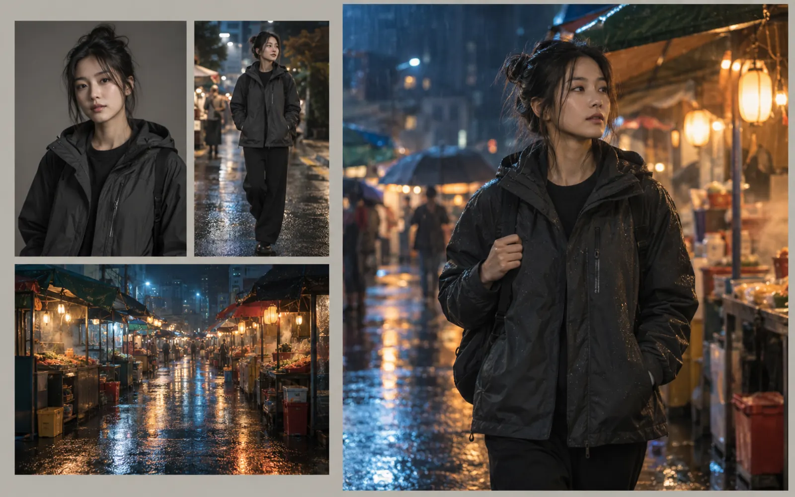 A fictional adult woman shown in portrait, full-body, market environment, and rain-lit market scene references to demonstrate character consistency