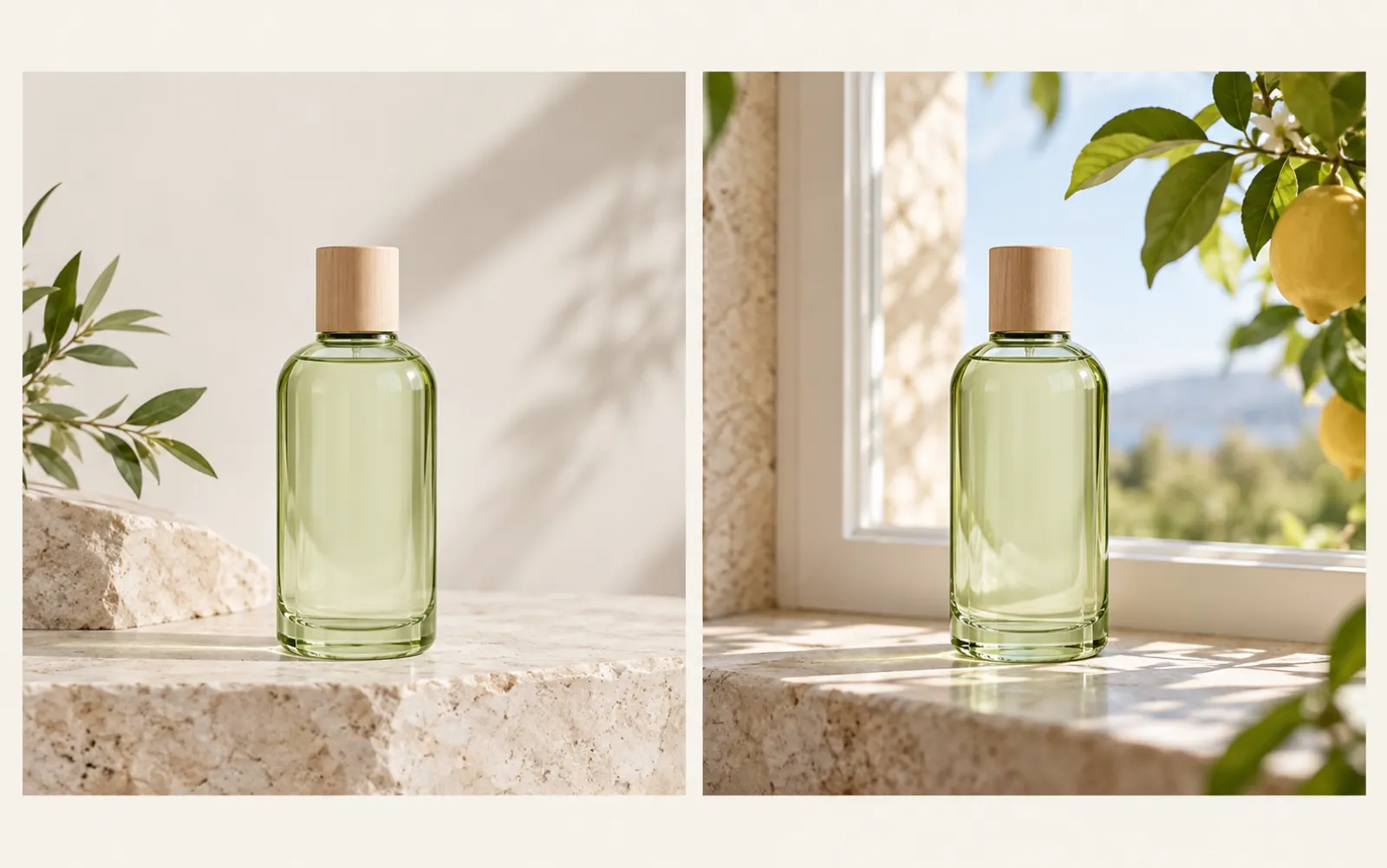 The same pale green product bottle shown in two matching compositions, first on stone and then beside an open window