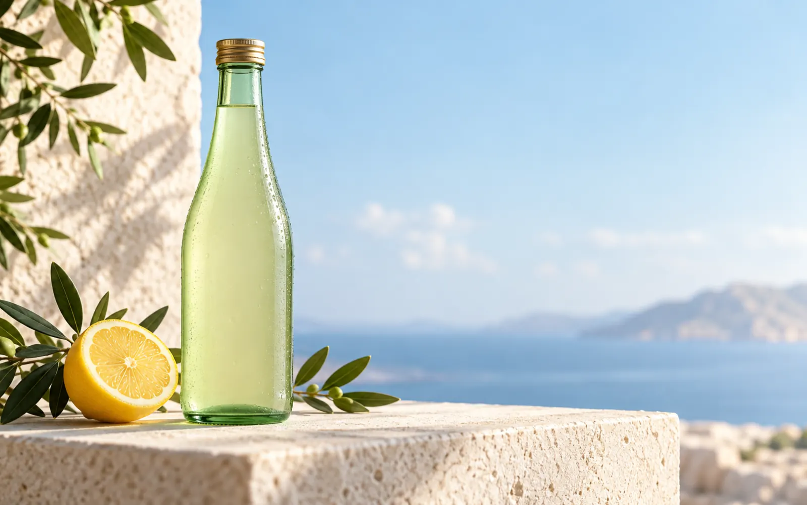 An unbranded pale green beverage bottle on stone with clear space beside it for camera movement