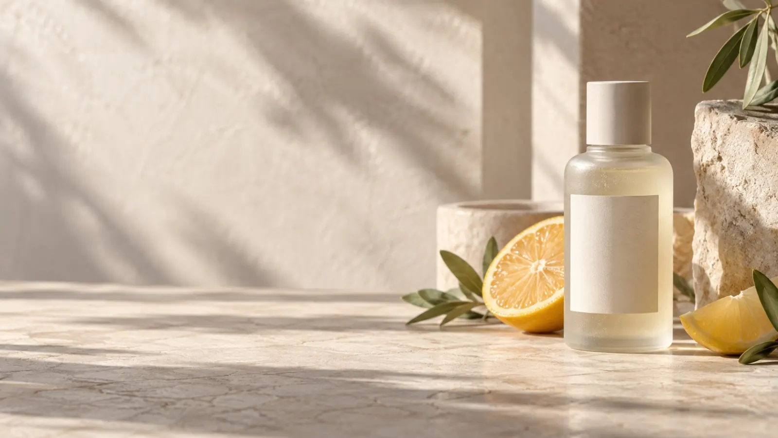 An unbranded frosted glass product bottle in a warm editorial still life