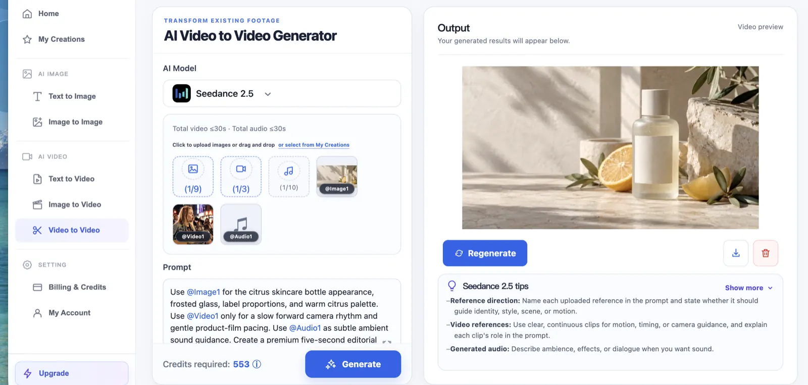 ImagineScenes Video to Video editor showing one uploaded image, video, and audio reference with @Image1, @Video1, and @Audio1 in the prompt beside the completed video result