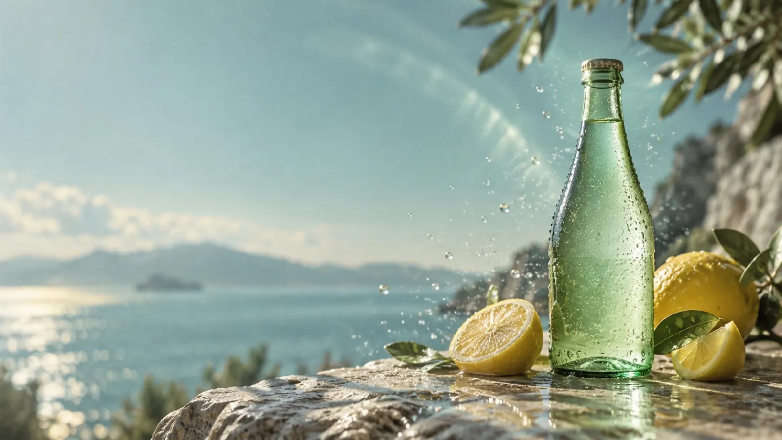 A green glass bottle with citrus and suspended droplets in a sunlit landscape