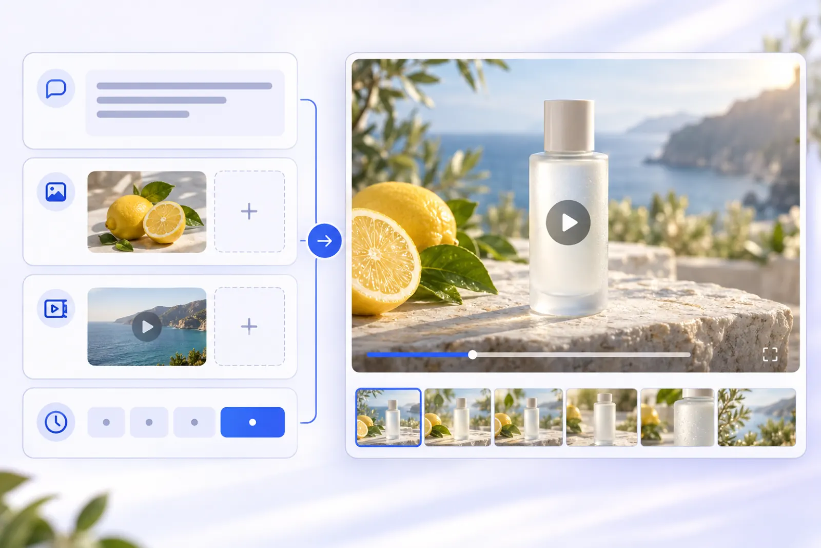 A creative video workspace turning a prompt and optional image and video references into a citrus product video preview