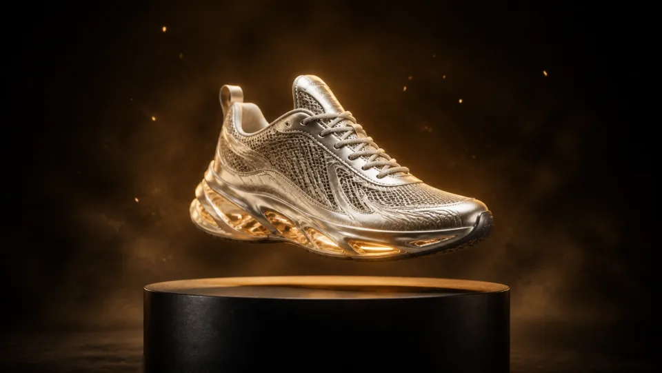 Gold-lit running shoe at the end of an AI product video
