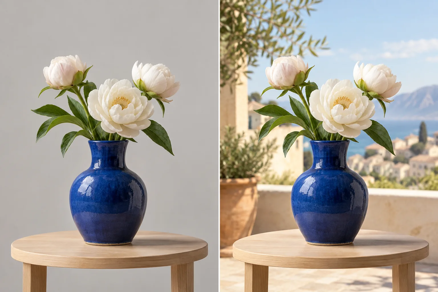 Illustrative before and after: the same blue vase with a gray wall and a sunny terrace background