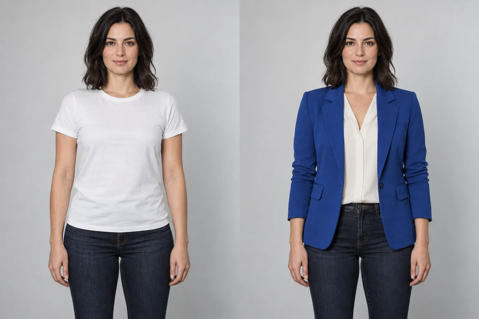 Illustrative before and after: the same woman changes a white T-shirt for a blue blazer