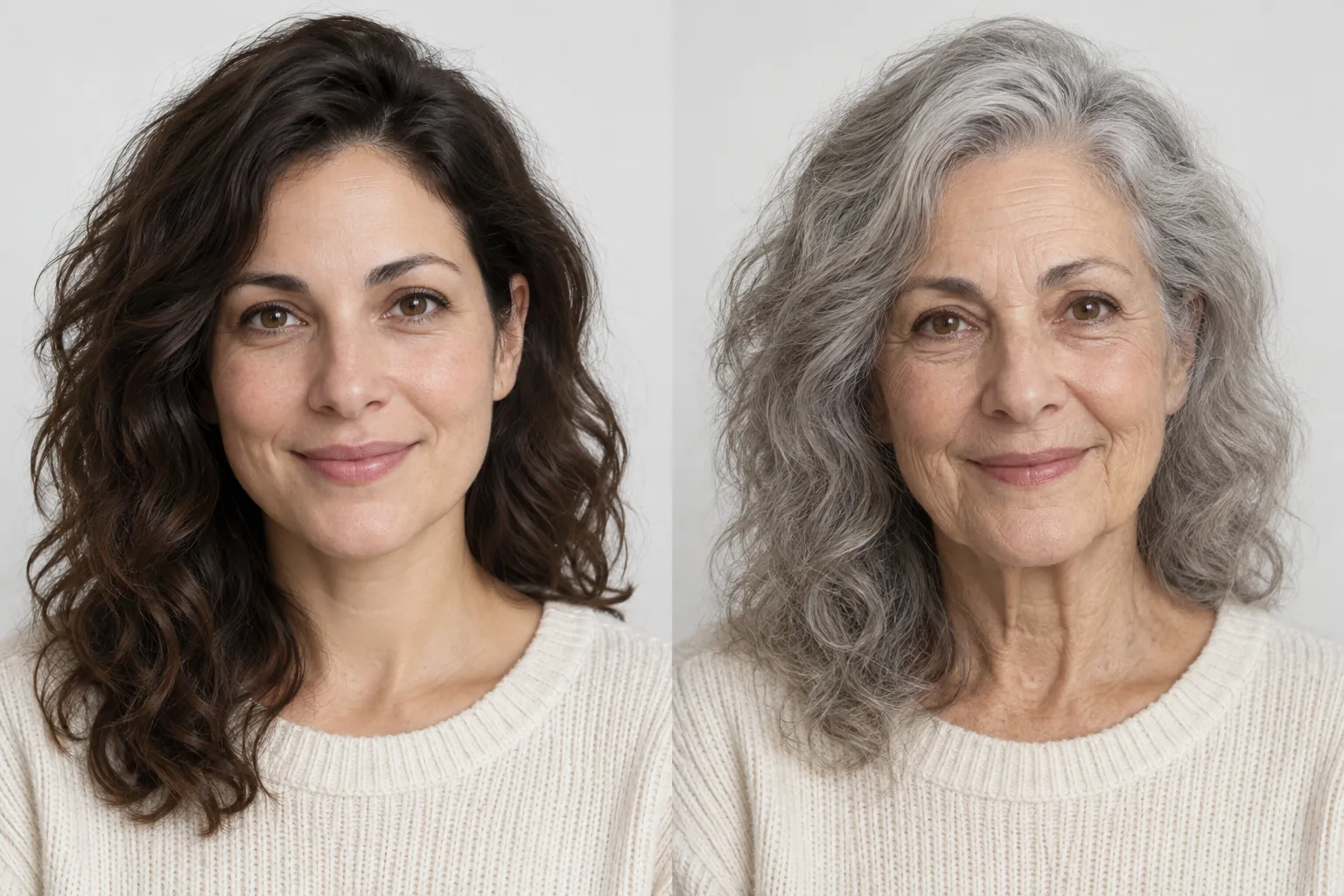 Illustrative original adult portrait beside an older age-transformed portrait of the same woman