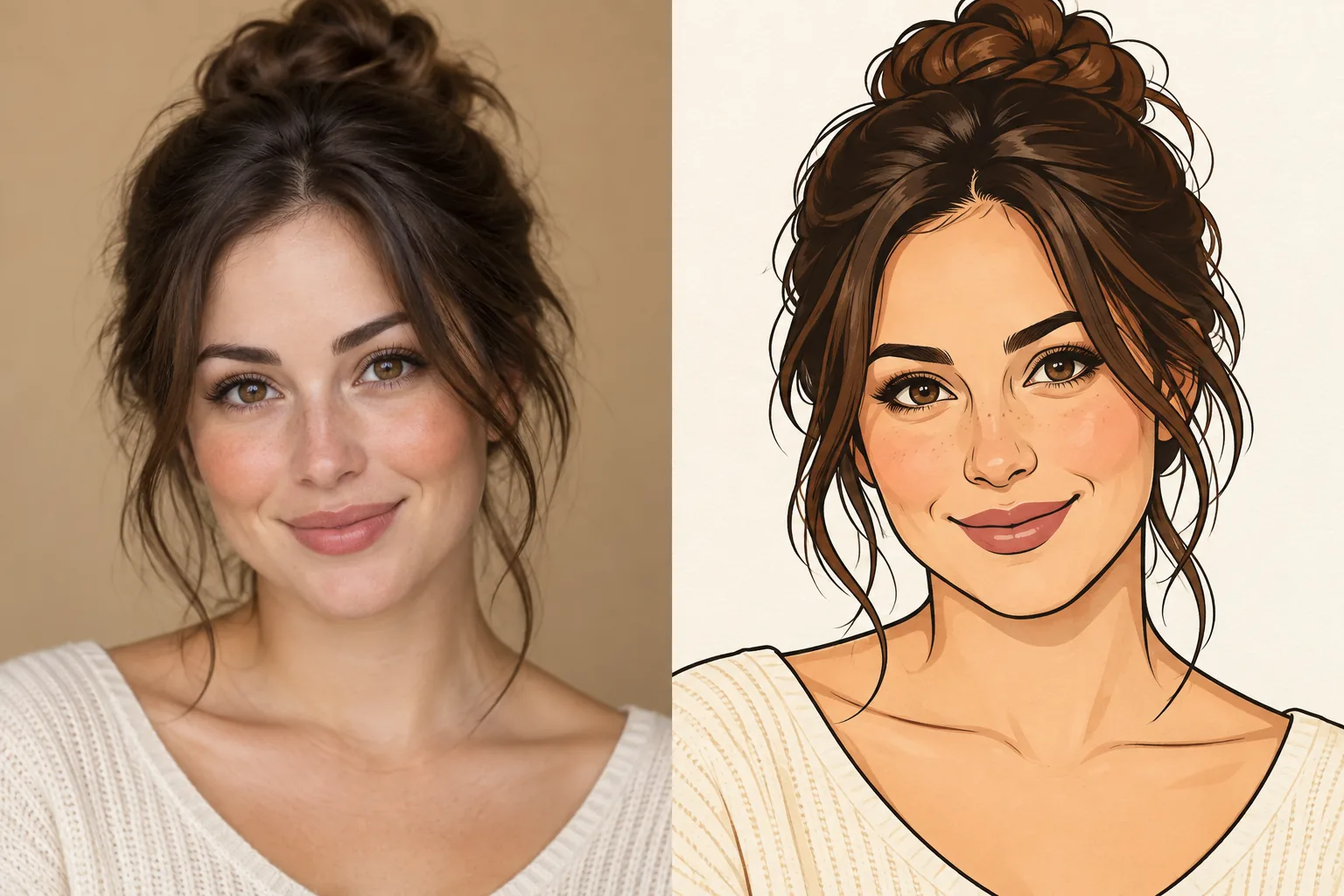 Illustrative original portrait beside a cartoon avatar of the same woman