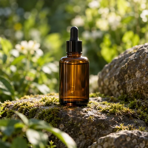 Illustrative amber skincare bottle in an outdoor garden setting