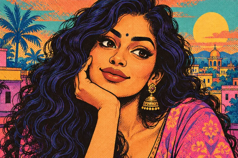 Fictional woman portrayed in colorful retro halftone illustration