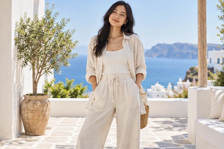 Illustrative woman wearing ivory linen on a terrace