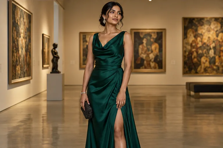 Illustrative woman wearing an evening outfit in a gallery