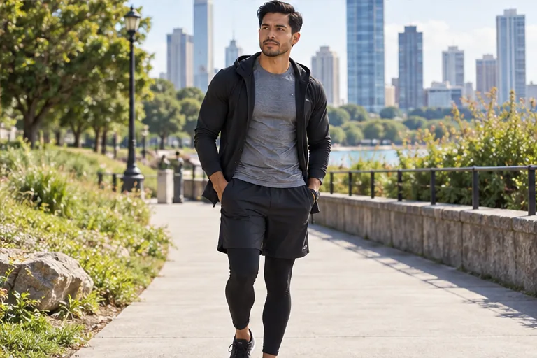 Illustrative man wearing athletic layers in an urban park