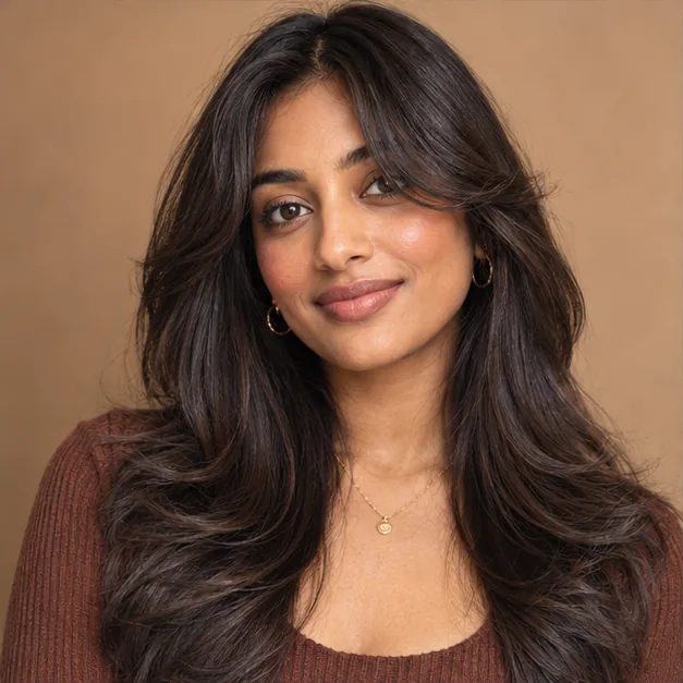 Illustrative portrait of a woman with long layers and curtain bangs