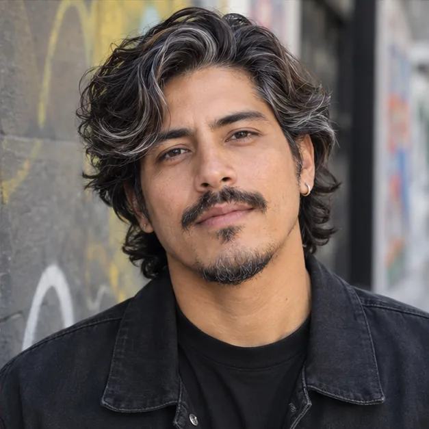 Illustrative portrait of a man with medium wavy hair and subtle silver streaks