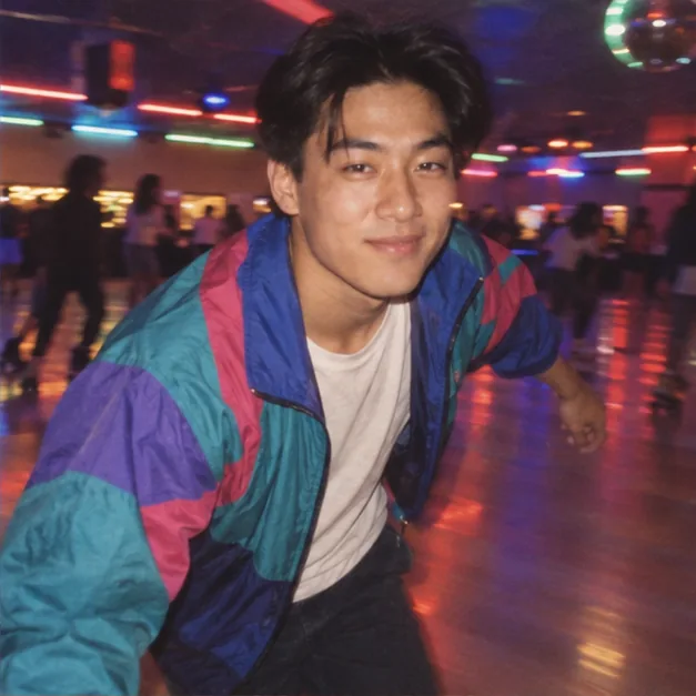 Illustrative 1990s roller rink snapshot of a man in a colorful windbreaker