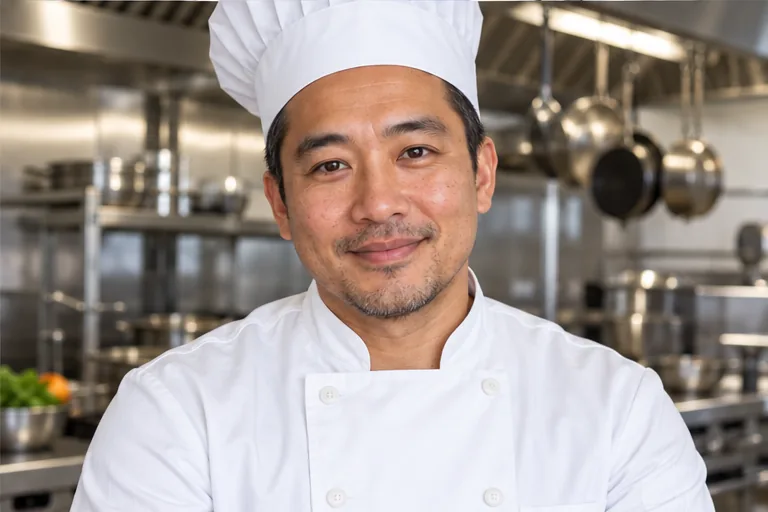 Illustrative fictional man wearing a chef jacket in a professional kitchen
