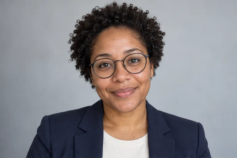Illustrative fictional woman wearing a navy blazer against a neutral background for a business profile portrait
