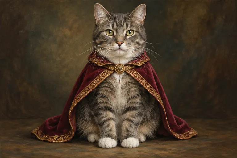 Illustrative gray tabby cat portrayed with a royal cape and recognizable white paws