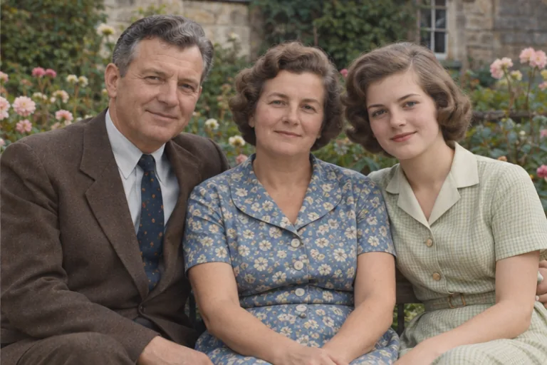 Illustrative black-and-white family garden photo restored and colorized in muted natural colors