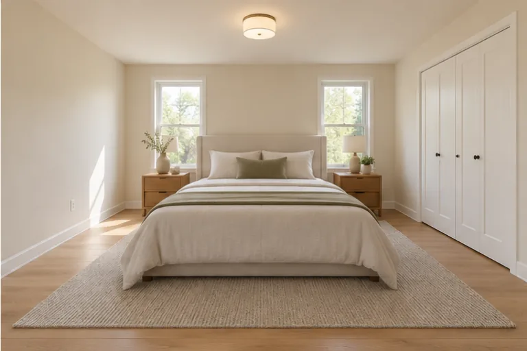 Illustrative fictional bedroom furnished with an oak bed and linen bedding