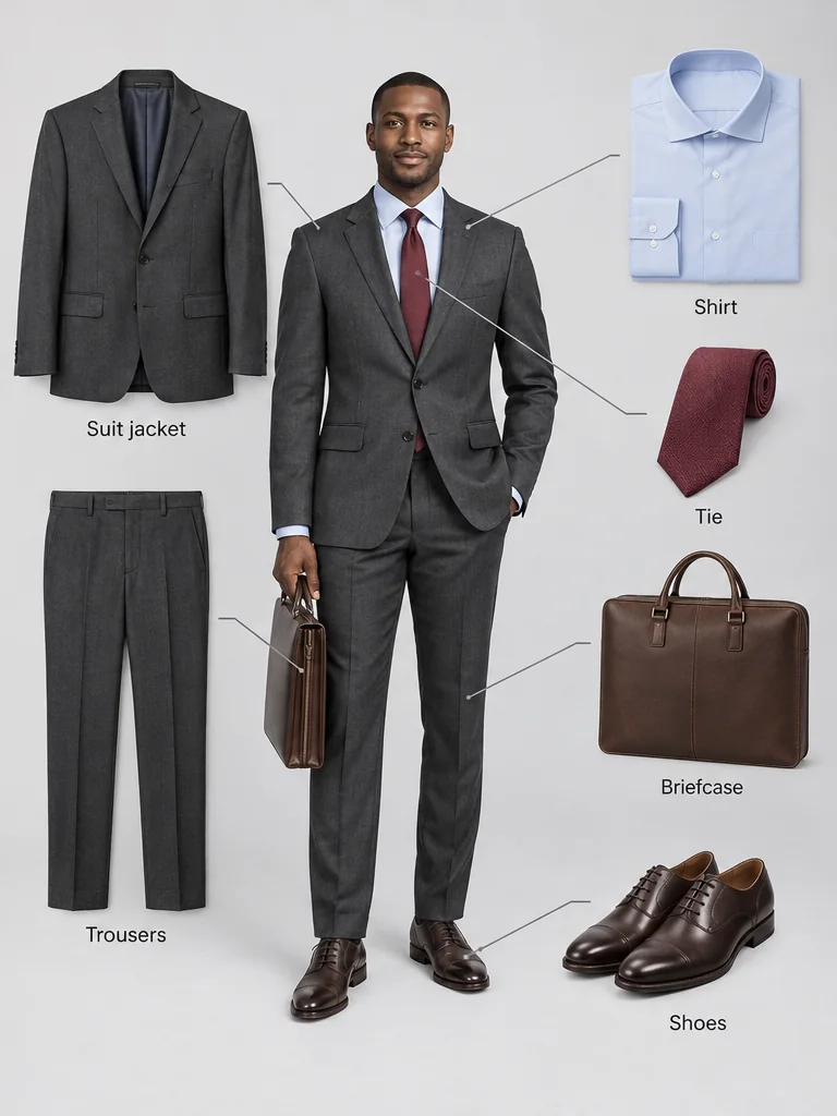 Illustrative charcoal suit, blue shirt, burgundy tie, brown shoes, and briefcase labeled around the same man