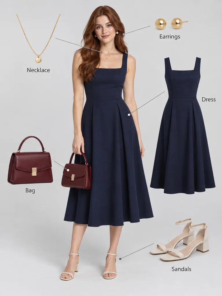 Illustrative navy dress, cream sandals, burgundy bag, gold necklace, and earrings labeled around the same woman