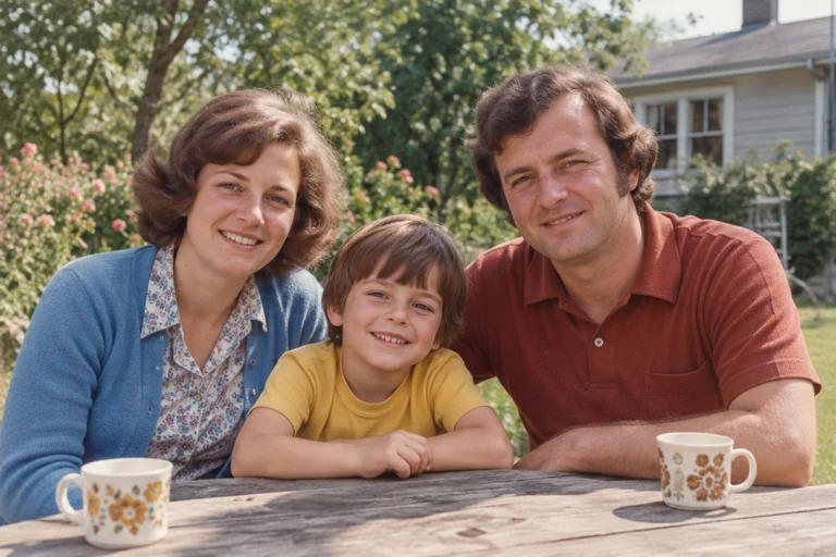 Illustrative color family snapshot with fading and a magenta-yellow cast reduced, retaining the same people and clothing