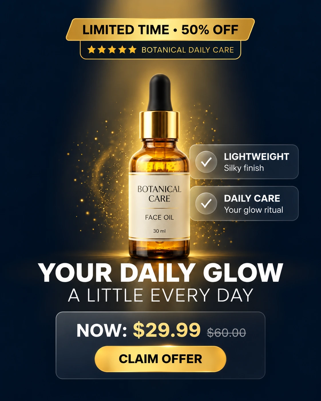 Amber skincare bottle in a navy and gold ad with an offer banner, benefit cards and price panel