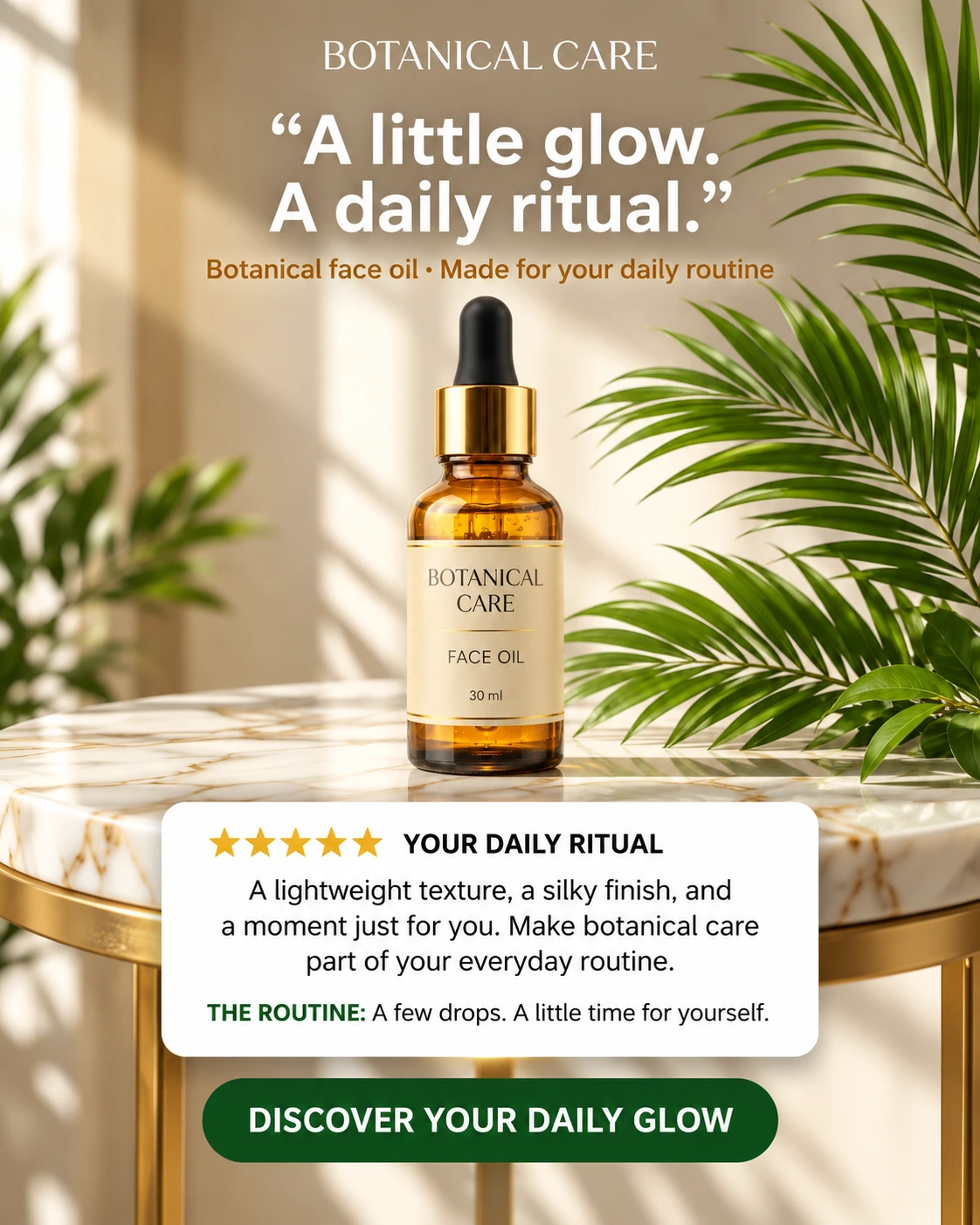 Skincare product on sunlit marble with palm leaves, a white copy card and green call-to-action
