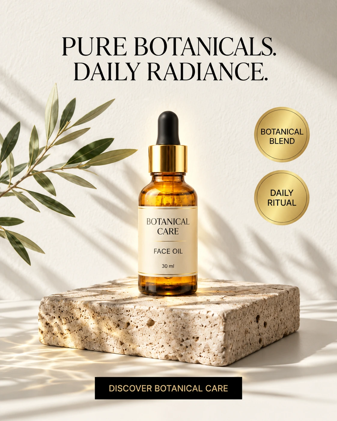Skincare bottle on a travertine pedestal with a serif headline and gold copy medallions