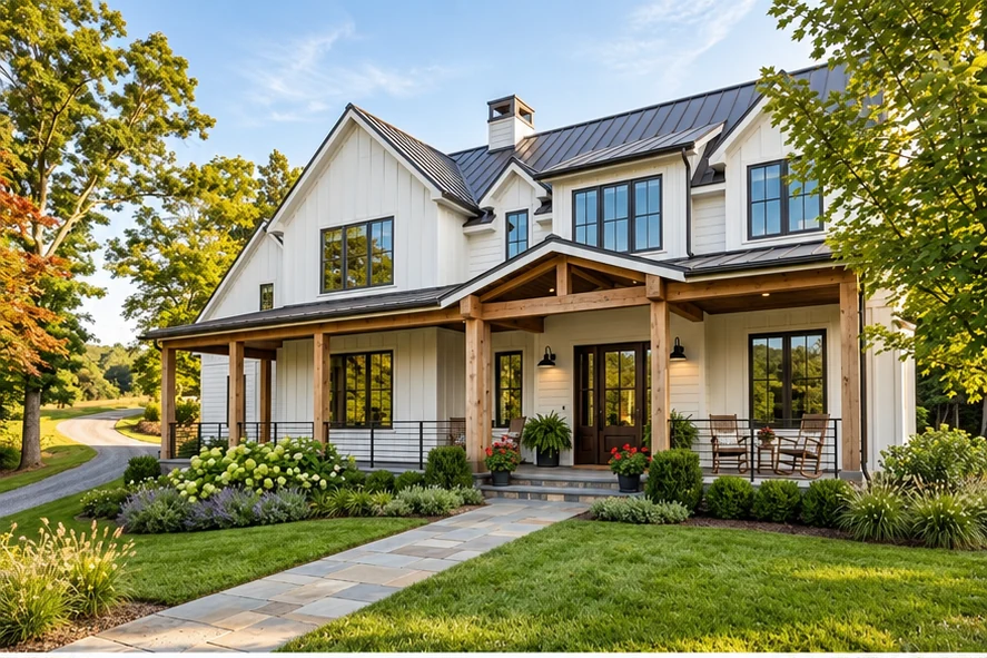 House exterior concept with white board-and-batten siding, a charcoal roof and timber porch accents