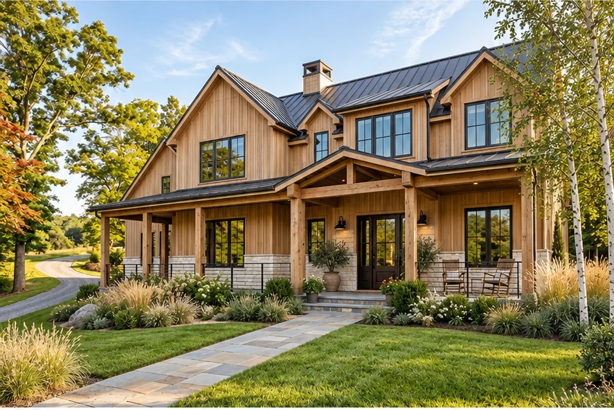 Scandinavian house exterior concept with vertical timber siding, pale stone and restrained planting