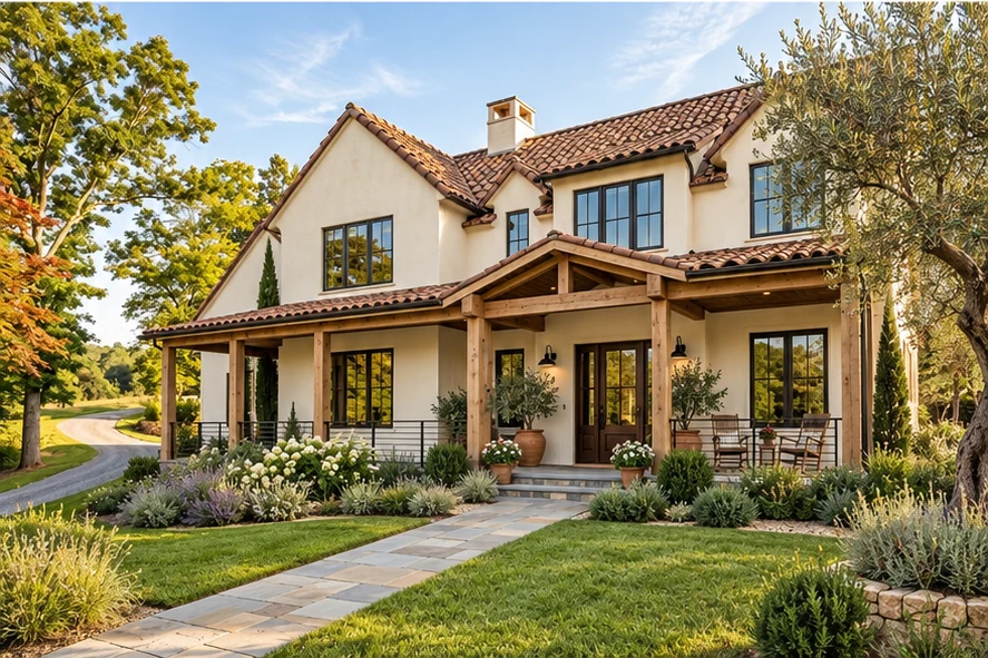 Mediterranean house exterior concept with ivory stucco, terracotta roof tones and olive planting