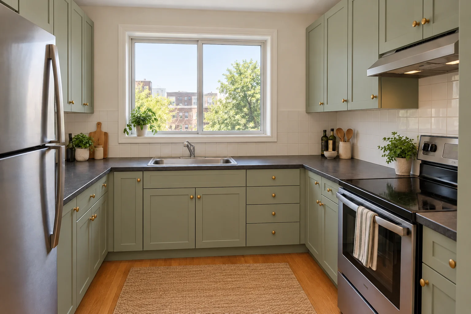 Fictional kitchen with sage cabinetry and warm oak details, retaining the original fixed-fixture layout